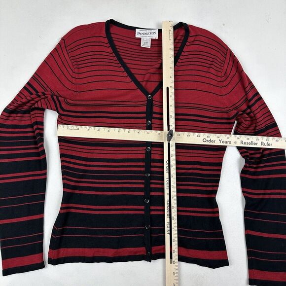Pendleton Women’s Red Black Striped 100% Silk Cardigan Long Sleeve V-Neck Sz L - Picture 2 of 8